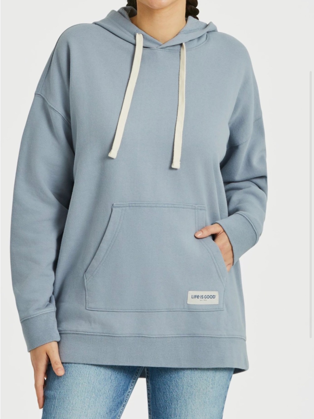 Life Is Good Women's oversized Dusty Blue Hoodie Sweater with Cream Drawstrings